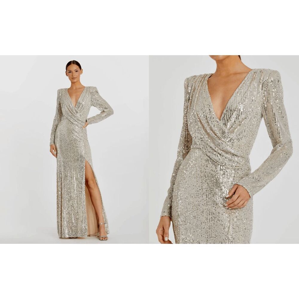 Mac Duggal Silver Sequined Long Sleeve Faux Wrap Ruched Gown US 14 $398